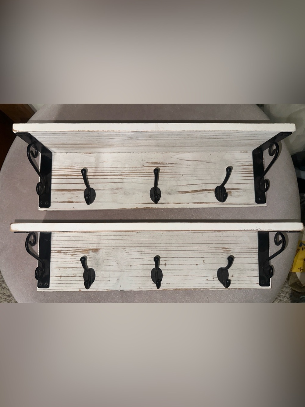 Rustic White Wood Wall Hook Shelf with Black Metal Hooks
